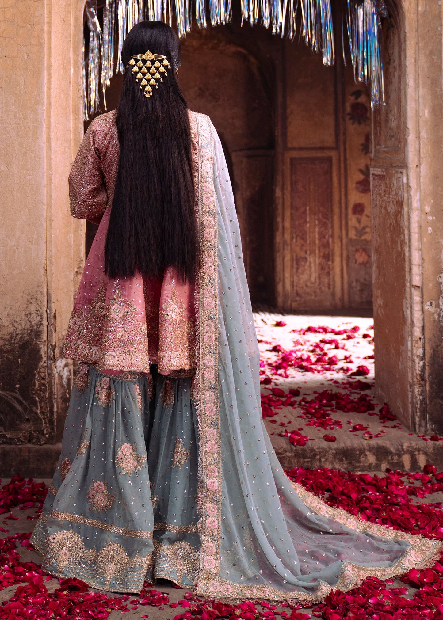Pakistani Designer Rose Pink Gharara Salwar Kameez Online in KSA Riyadh Saudi Arabia Oman Bahrain Qatar