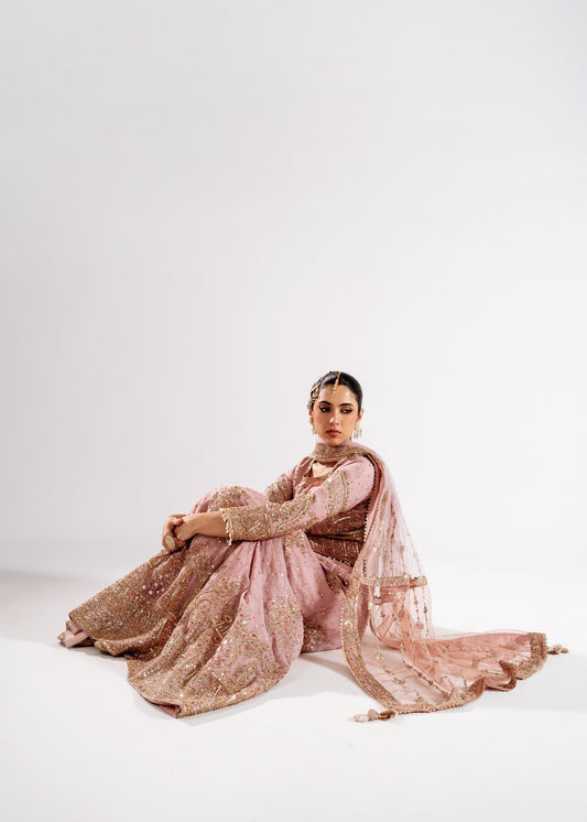 Pakistani Designer Rose Pink Net Dupatta Lehenga Set Online in KSA Riyadh Saudi Arabia Oman Bahrain Qatar