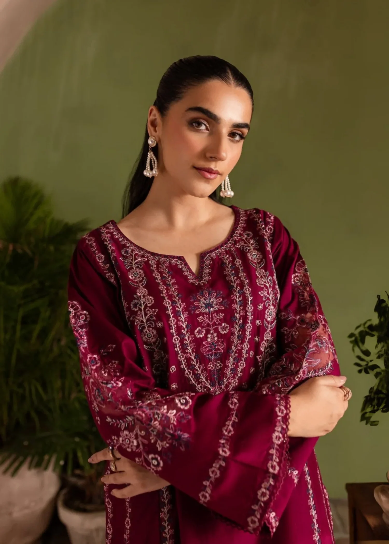 Pakistani Designer Rose Red Cotton Salwar Kameez Online in KSA Riyadh Saudi Arabia Oman Bahrain Qatar