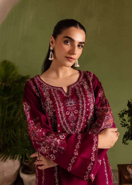 Pakistani Designer Rose Red Cotton Salwar Kameez Online in KSA Riyadh Saudi Arabia Oman Bahrain Qatar