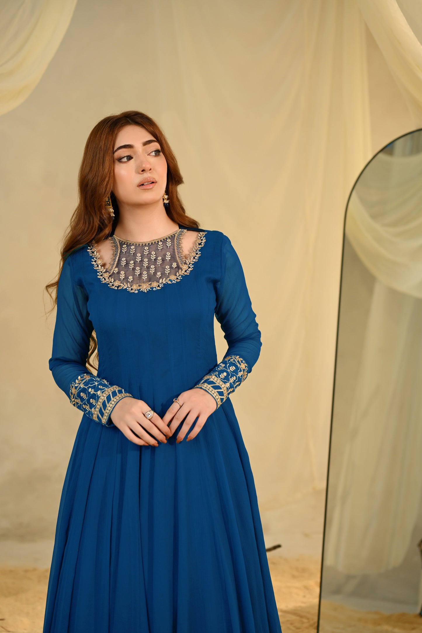 Pakistani Designer Royal Blue Chiffon Salwar Kameez Online in KSA Riyadh Saudi Arabia Oman Bahrain Qatar