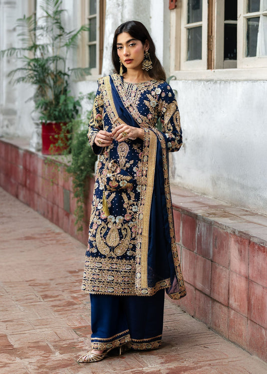 Pakistani Designer Royal Blue Chiffon Salwar Kameez Online in KSA Riyadh Saudi Arabia Oman Bahrain Qatar