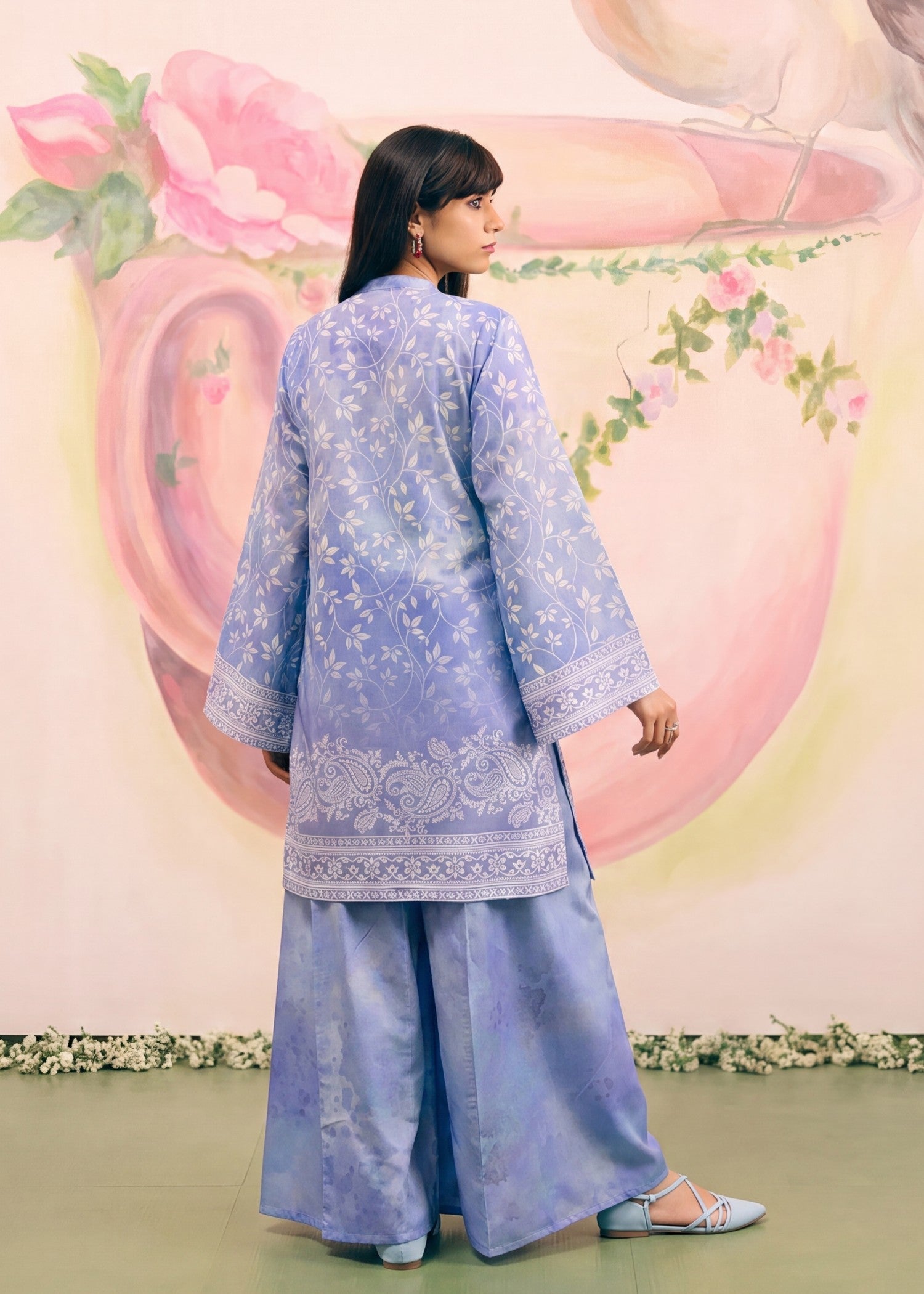 Pakistani Designer Royal Blue Lawn Sharara Gharara Online in KSA Riyadh Saudi Arabia Oman Bahrain Qatar