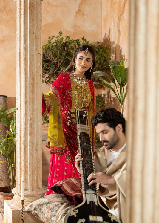 Pakistani Designer Ruby Red Chiffon Wedding Outfit Online in Sri Lanka India Australia