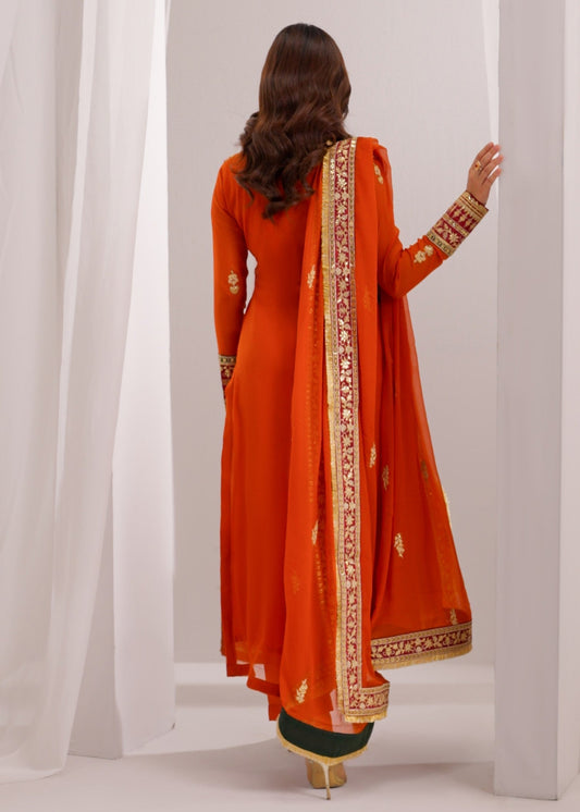 Pakistani Designer Rust Orange Bemberg Chiffon Salwar Kameez Online in KSA Riyadh Saudi Arabia Oman Bahrain Qatar