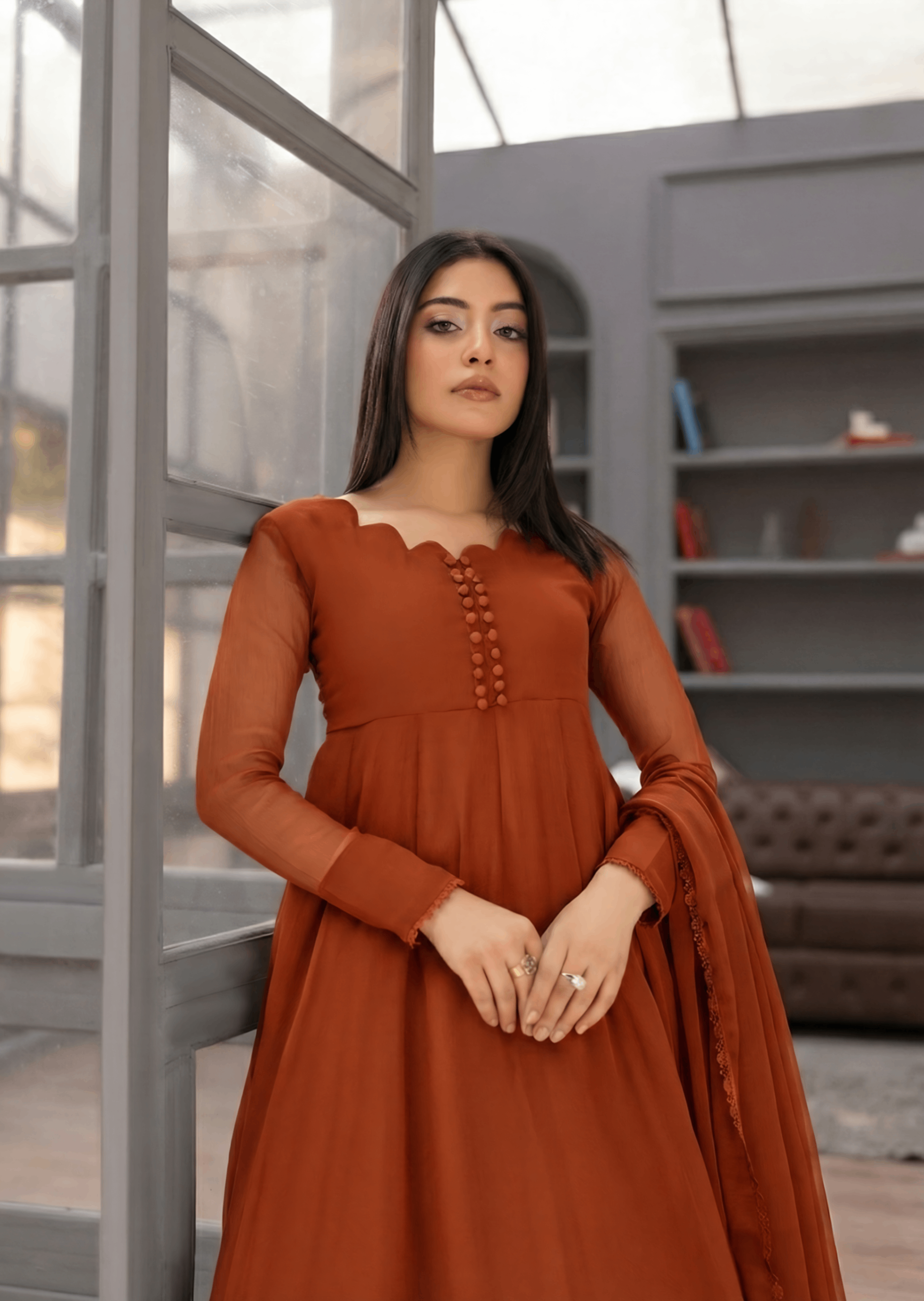 Pakistani Designer Rust Orange Chiffon Salwar Kameez Online in KSA Riyadh Saudi Arabia Oman Bahrain Qatar