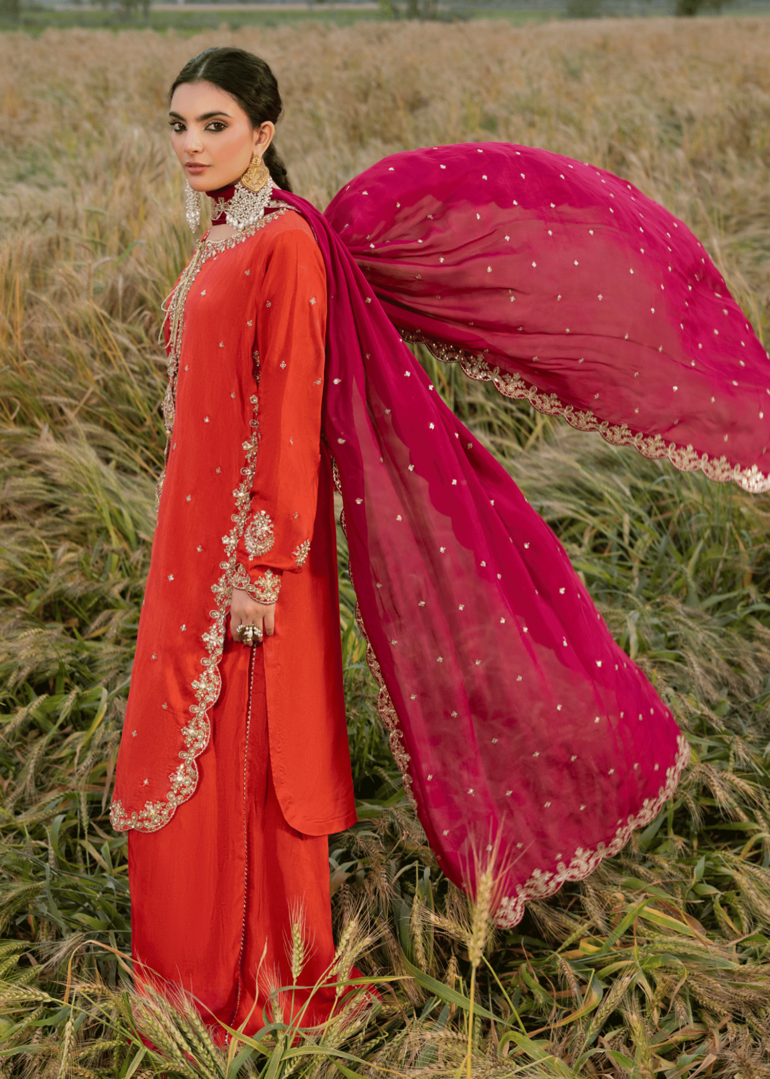 Pakistani Designer Rust Orange Embroidered Silk Salwar Kameez Online in KSA Riyadh Saudi Arabia Oman Bahrain Qatar