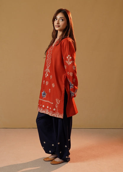 Pakistani Designer Rust Orange Khaddar Kurta Set Online in Dubai UAE Abudhabi Ajman Sharjah