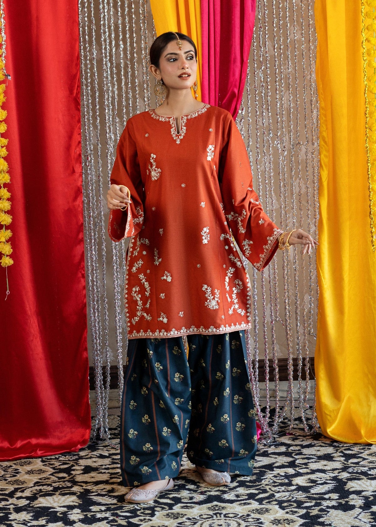 Pakistani Designer Rust Orange Lawn Kurta Set Online in KSA Riyadh Saudi Arabia Oman Bahrain Qatar