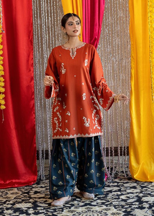 Pakistani Designer Rust Orange Lawn Kurta Set Online in KSA Riyadh Saudi Arabia Oman Bahrain Qatar