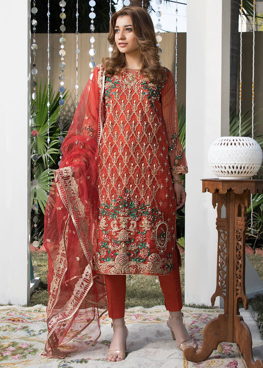 Pakistani Designer Rust Orange Organza Salwar Kameez Online in KSA Riyadh Saudi Arabia Oman Bahrain Qatar