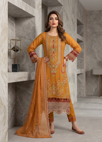 Pakistani Designer Rust Orange Organza Salwar Kameez Online in KSA Riyadh Saudi Arabia Oman Bahrain Qatar