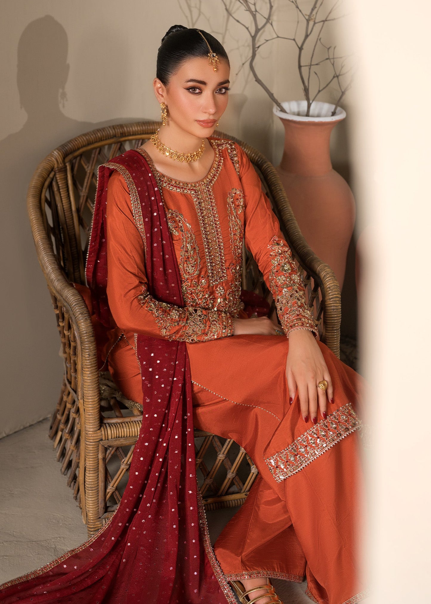 Pakistani Designer Rust Orange Raw Silk Salwar Kameez Online in KSA Riyadh Saudi Arabia Oman Bahrain Qatar
