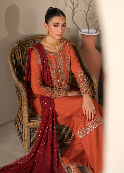 Pakistani Designer Rust Orange Raw Silk Salwar Kameez Online in KSA Riyadh Saudi Arabia Oman Bahrain Qatar
