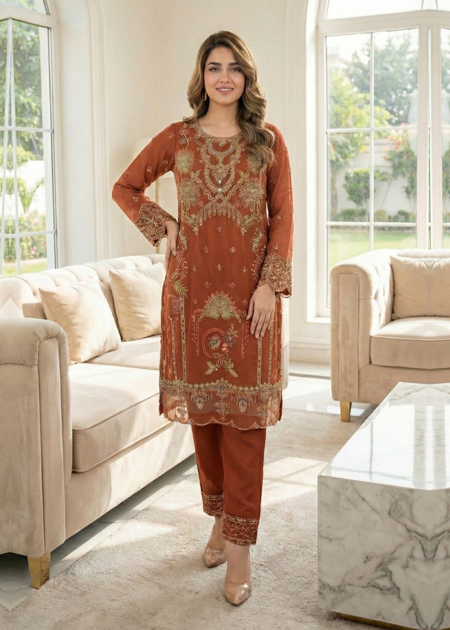 Pakistani Designer Rust Organza Suit Online in KSA Riyadh Saudi Arabia Oman Bahrain Qatar