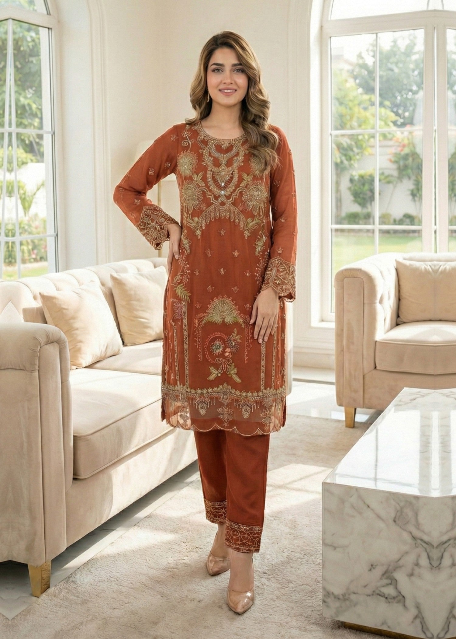 Pakistani Designer Rust Organza Suit Online in KSA Riyadh Saudi Arabia Oman Bahrain Qatar