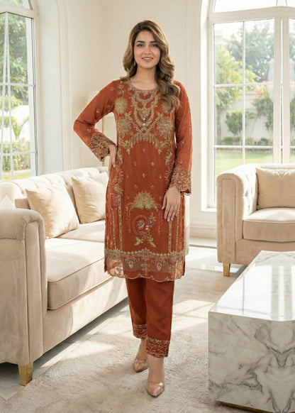 Pakistani Designer Rust Organza Suit Online in KSA Riyadh Saudi Arabia Oman Bahrain Qatar
