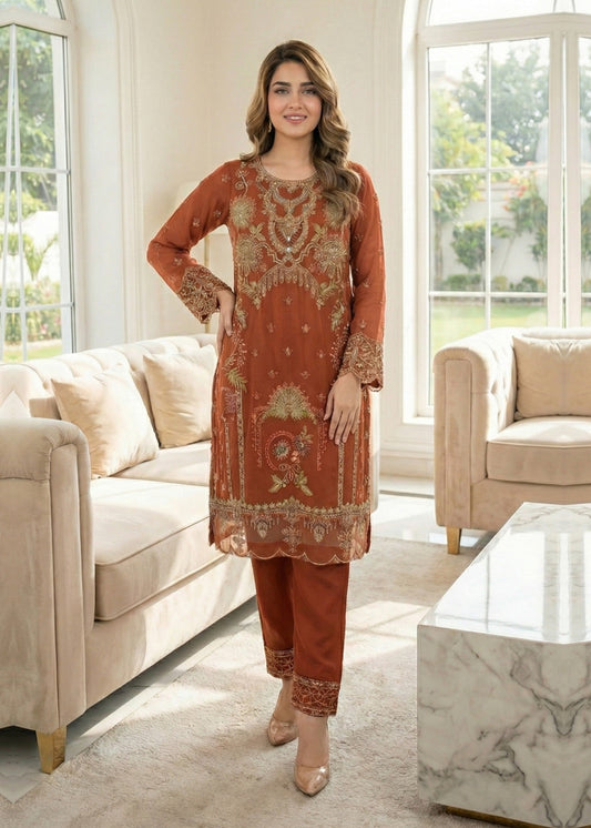 Pakistani Designer Rust Organza Suit Online in KSA Riyadh Saudi Arabia Oman Bahrain Qatar
