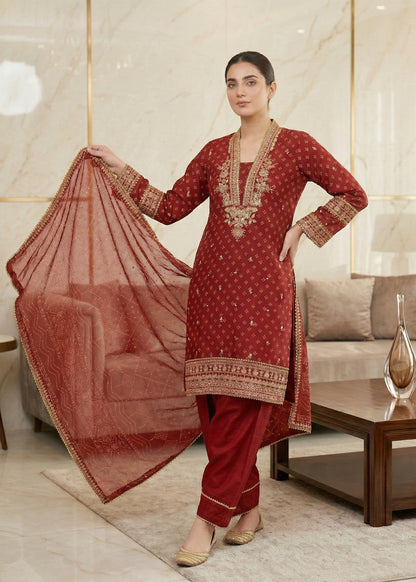 Pakistani Designer Rust Red Chiffon Salwar Kameez Online in KSA Riyadh Saudi Arabia Oman Bahrain Qatar