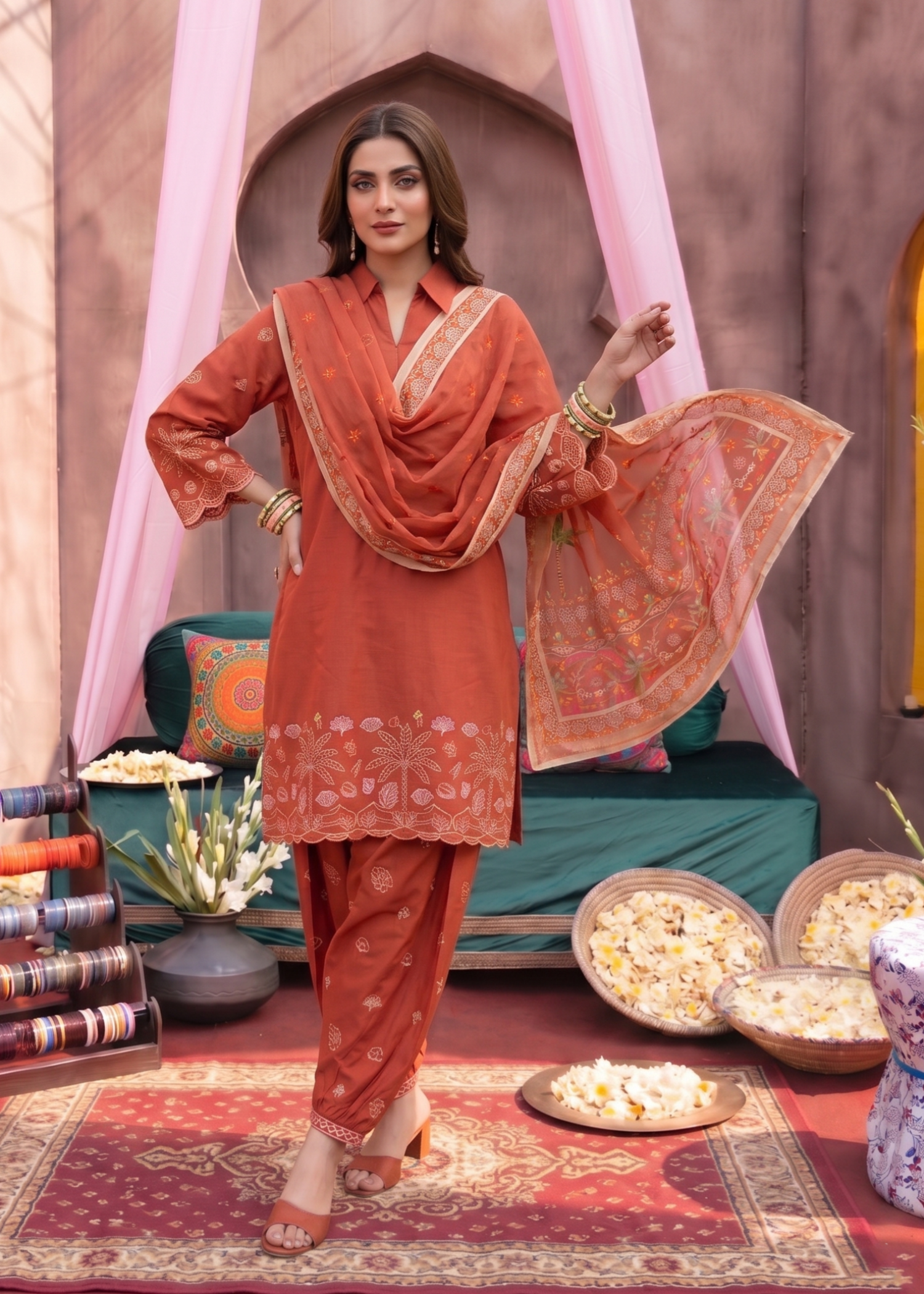 Pakistani Designer Rust Red Lawn Suit Online in KSA Riyadh Saudi Arabia Oman Bahrain Qatar