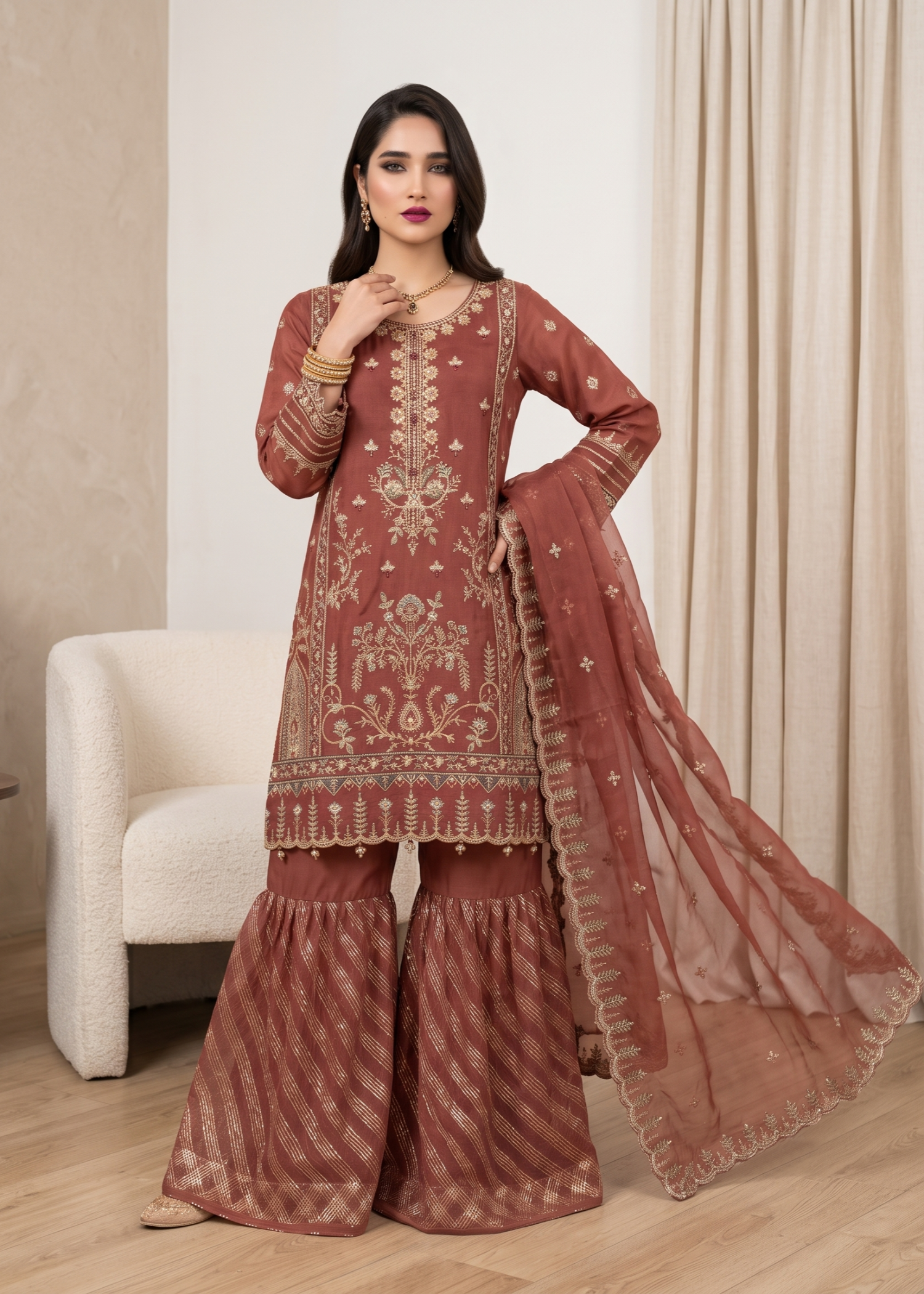 Pakistani Designer Rust Red Organza Sharara Gharara Online in KSA Riyadh Saudi Arabia Oman Bahrain Qatar