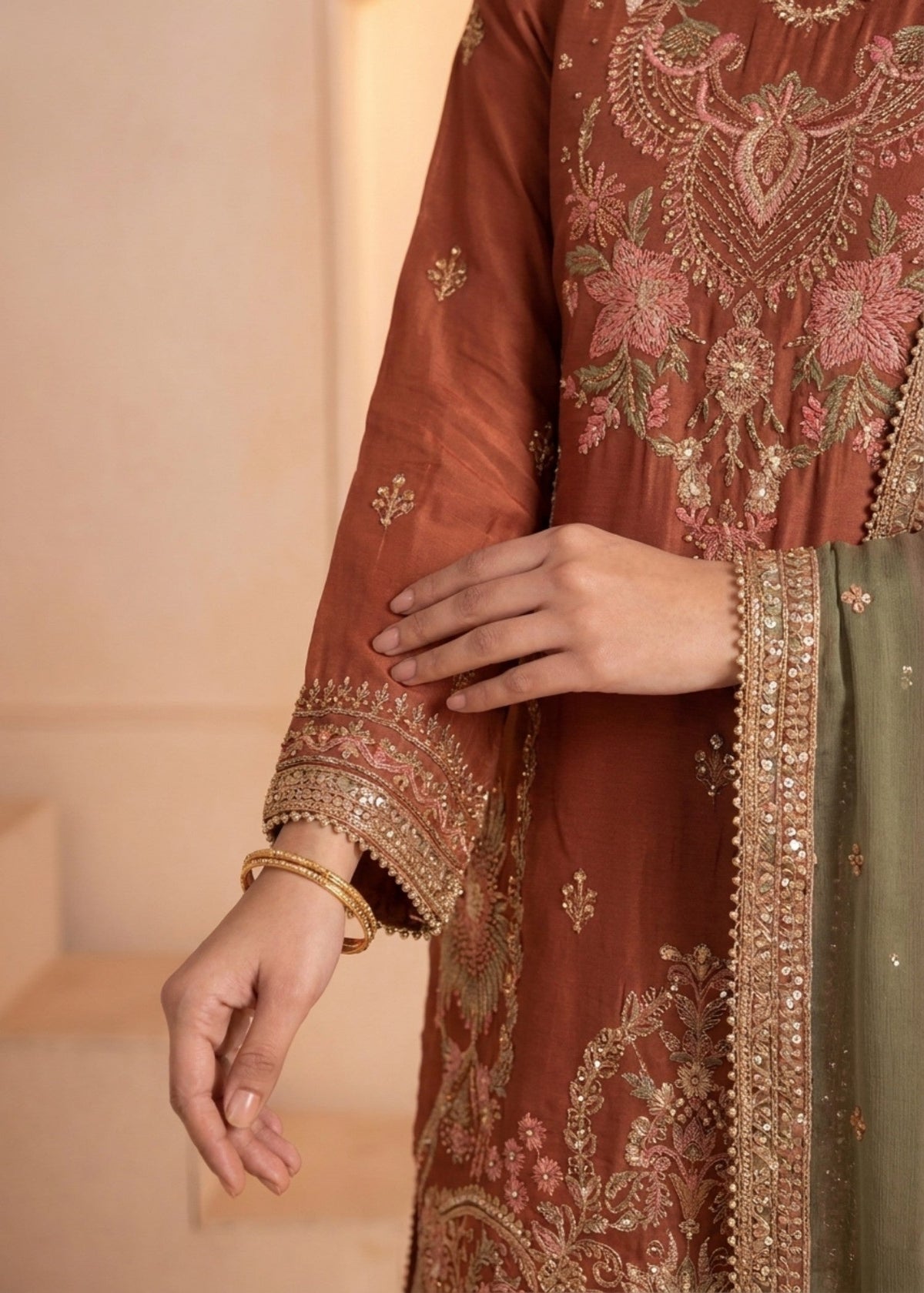 Pakistani Designer Rust Red Raw Silk Sharara Online in KSA Riyadh Saudi Arabia Oman Bahrain Qatar