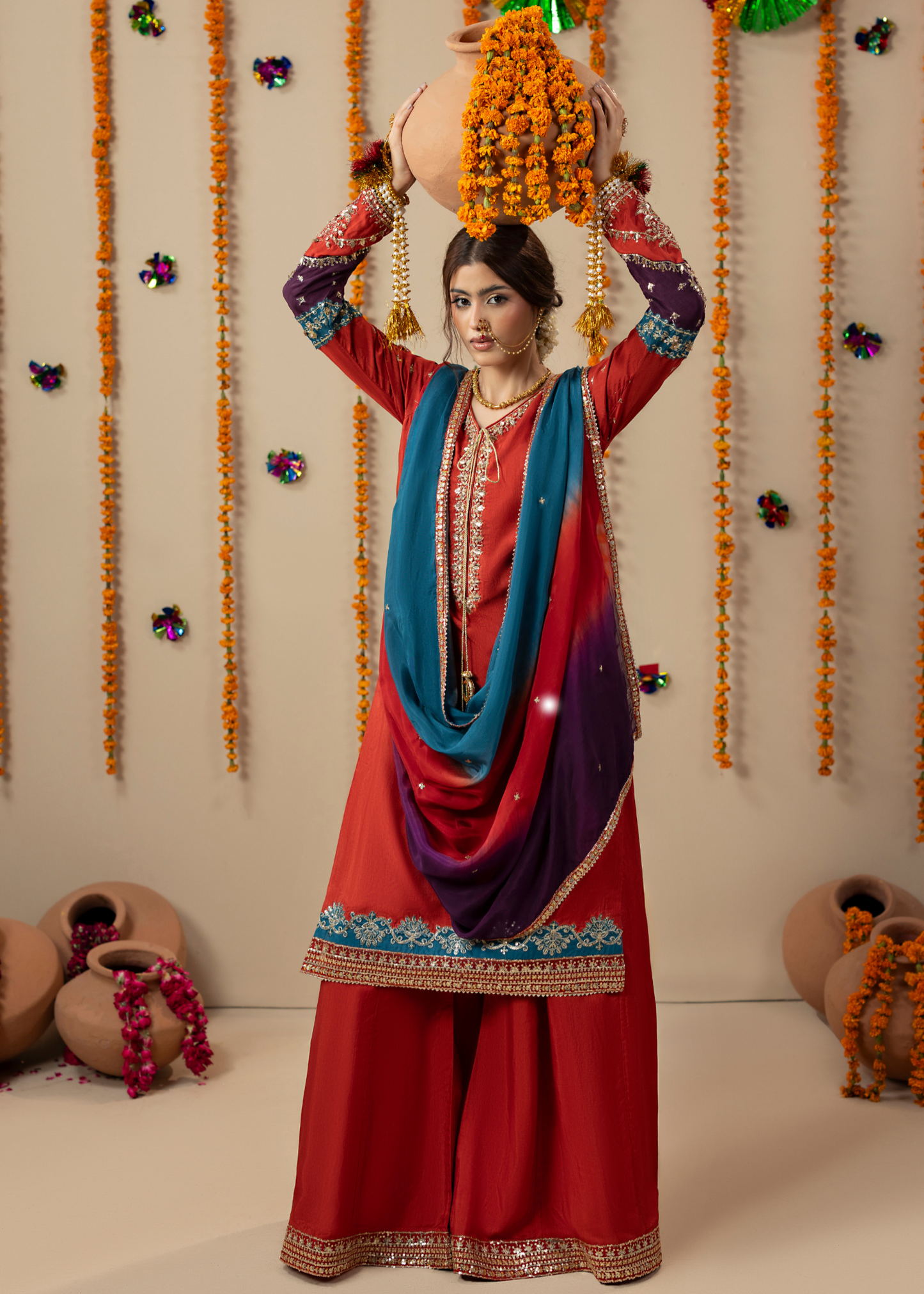 Pakistani Designer Rust Silk Kurta with Straight Trouser Online in KSA Riyadh Saudi Arabia Oman Bahrain Qatar