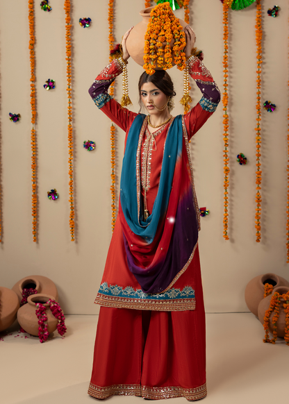 Pakistani Designer Rust Silk Kurta with Straight Trouser Online in KSA Riyadh Saudi Arabia Oman Bahrain Qatar