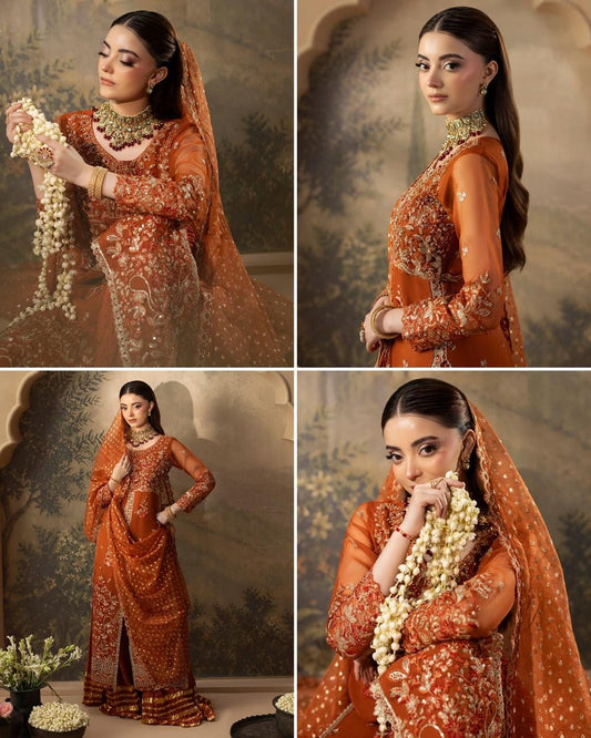 Pakistani Designer Rust Silk Sharara Gharara Online in KSA Riyadh Saudi Arabia Oman Bahrain Qatar
