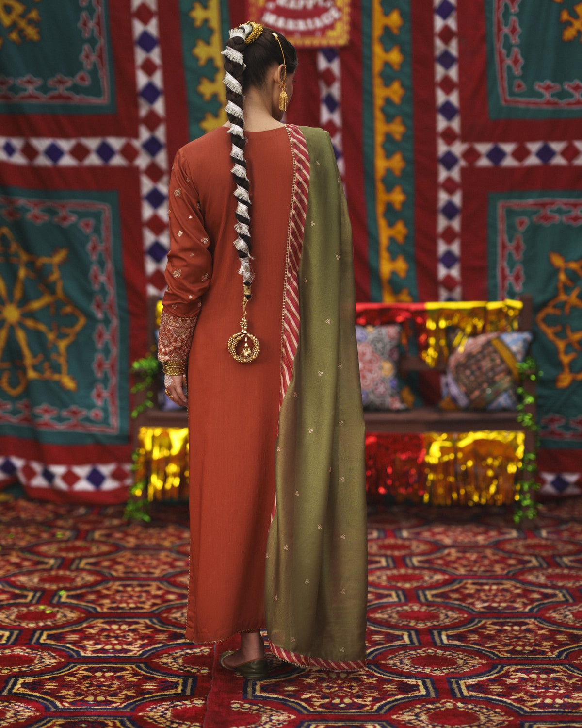 Pakistani Designer Rust Silk Suit Online in KSA Riyadh Saudi Arabia Oman Bahrain Qatar
