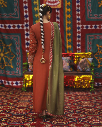 Pakistani Designer Rust Silk Suit Online in KSA Riyadh Saudi Arabia Oman Bahrain Qatar