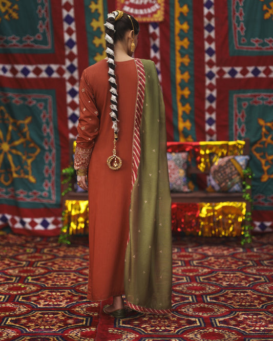 Pakistani Designer Rust Silk Suit Online in KSA Riyadh Saudi Arabia Oman Bahrain Qatar