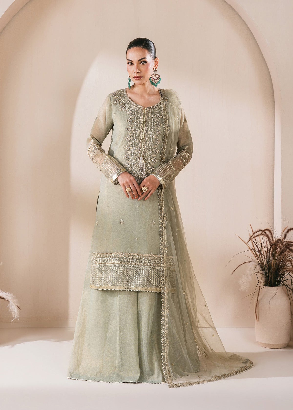 Pakistani Designer Sage Green Masuri Sharara Online in KSA Riyadh Saudi Arabia Oman Bahrain Qatar