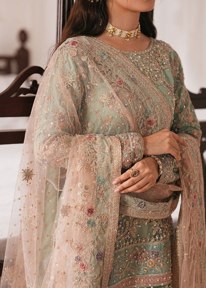 Pakistani Designer Sage Green Net Gharara Online in KSA Riyadh Saudi Arabia Oman Bahrain Qatar