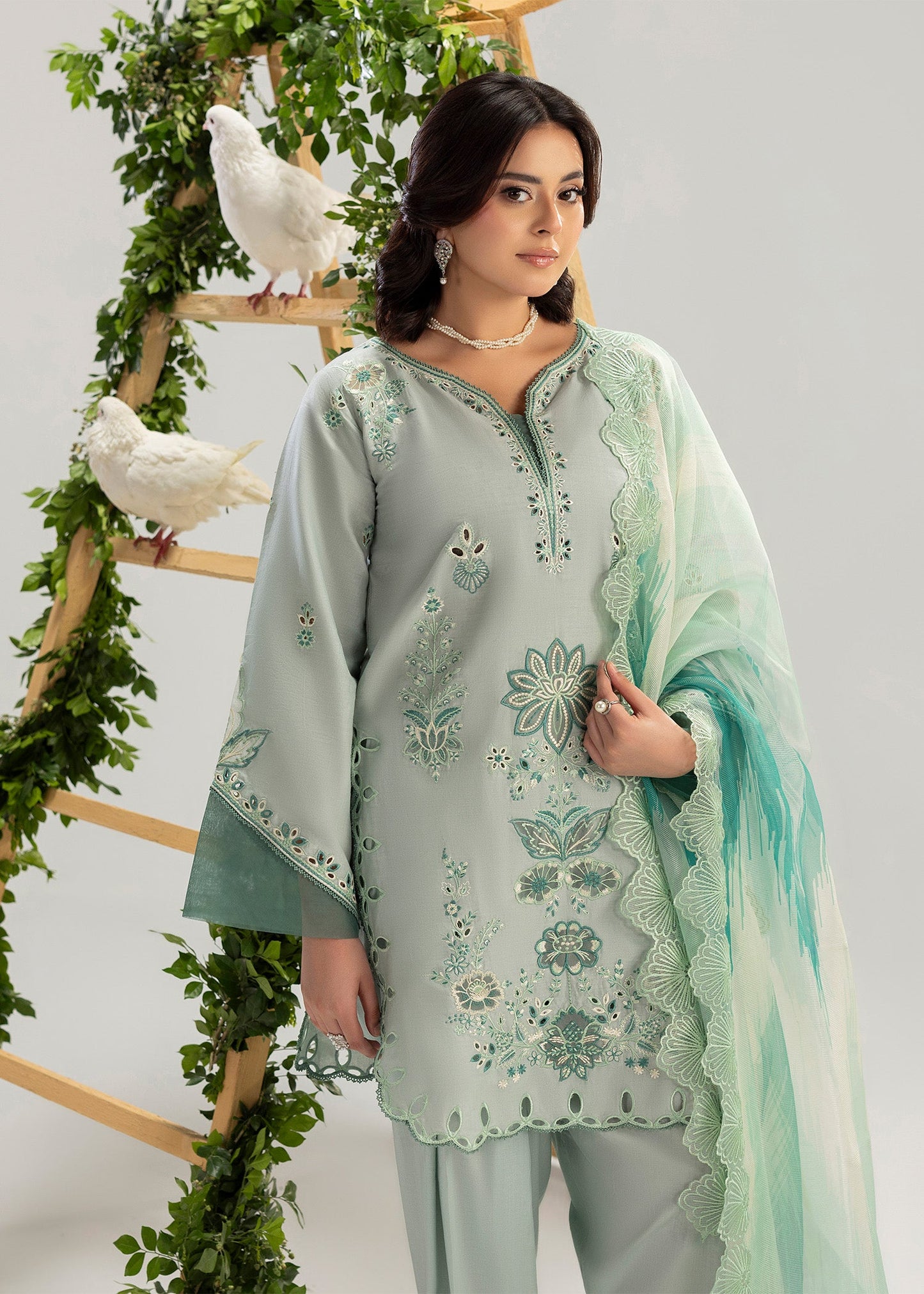 Pakistani Designer Sage Green Organza Lawn Suit Online in KSA Riyadh Saudi Arabia Oman Bahrain Qatar