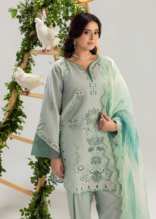 Pakistani Designer Sage Green Organza Lawn Suit Online in KSA Riyadh Saudi Arabia Oman Bahrain Qatar