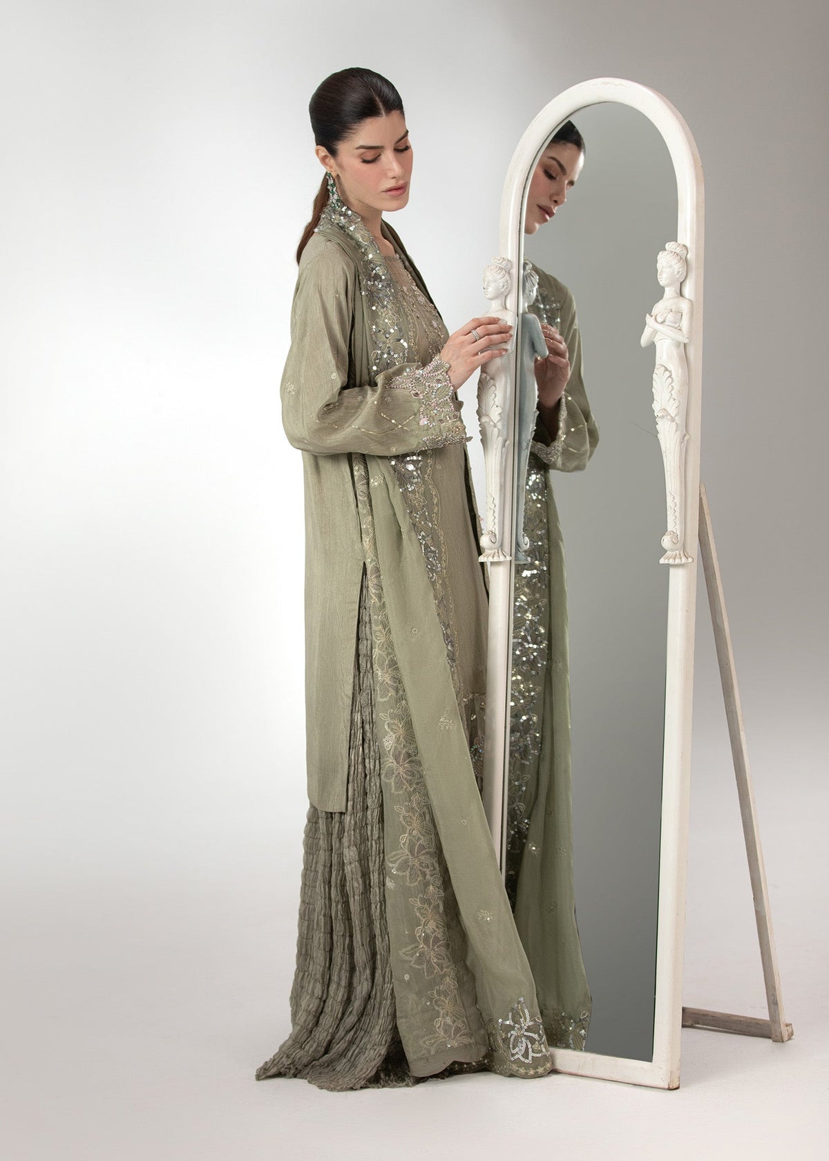 Pakistani Designer Sage Green Raw Silk Sharara Online in KSA Riyadh Saudi Arabia Oman Bahrain Qatar