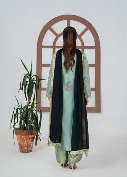 Pakistani Designer Sage Green Silk Salwar Kameez Online in KSA Riyadh Saudi Arabia Oman Bahrain Qatar