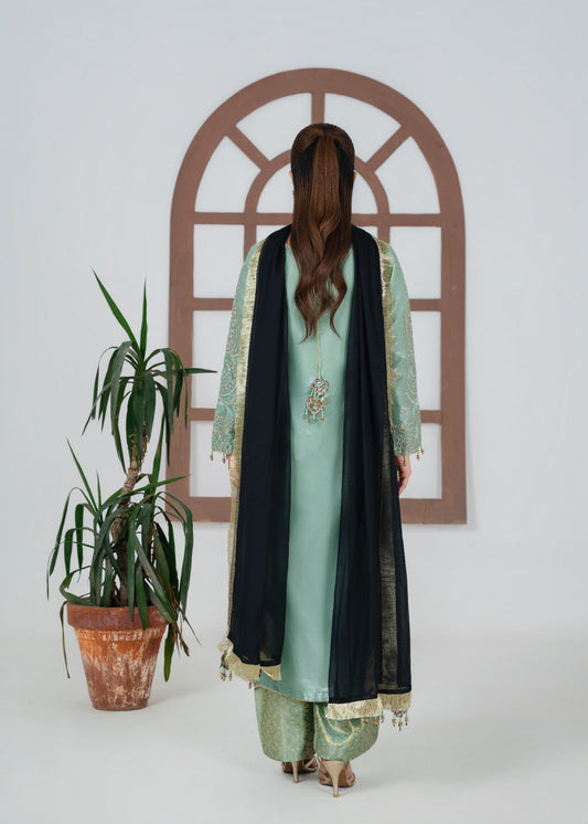 Pakistani Designer Sage Green Silk Salwar Kameez Online in KSA Riyadh Saudi Arabia Oman Bahrain Qatar