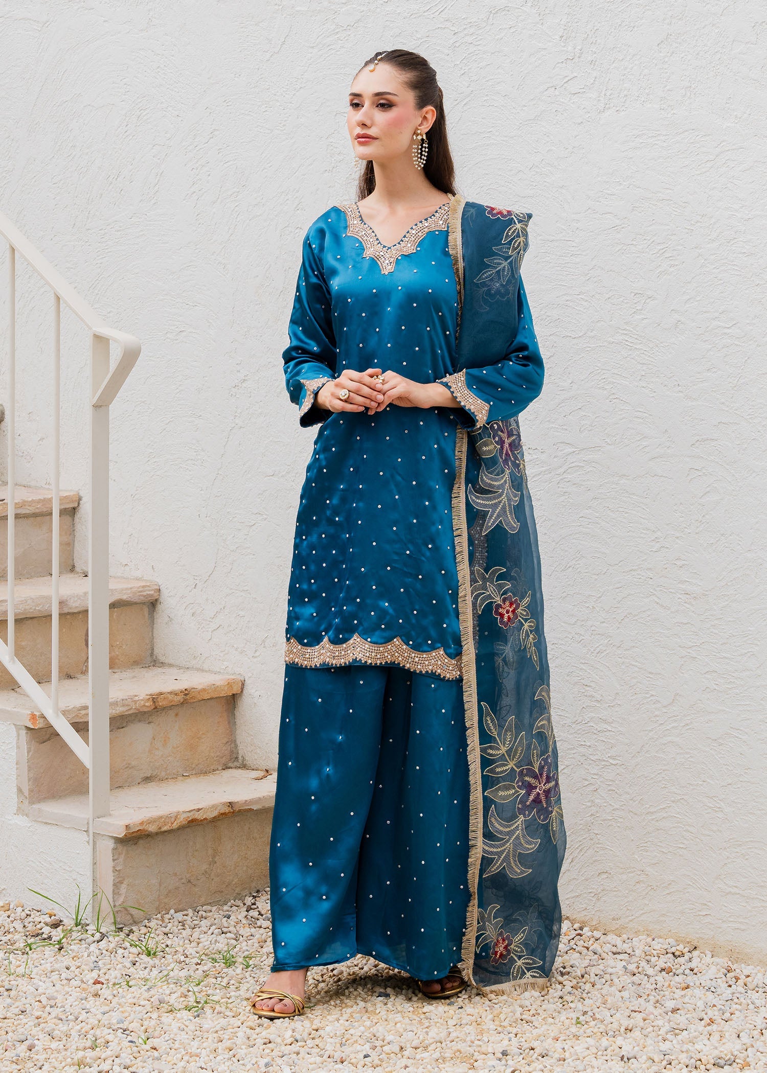Pakistani Designer Sapphire Blue Charmuse Outfit Online in Sri Lanka India Australia
