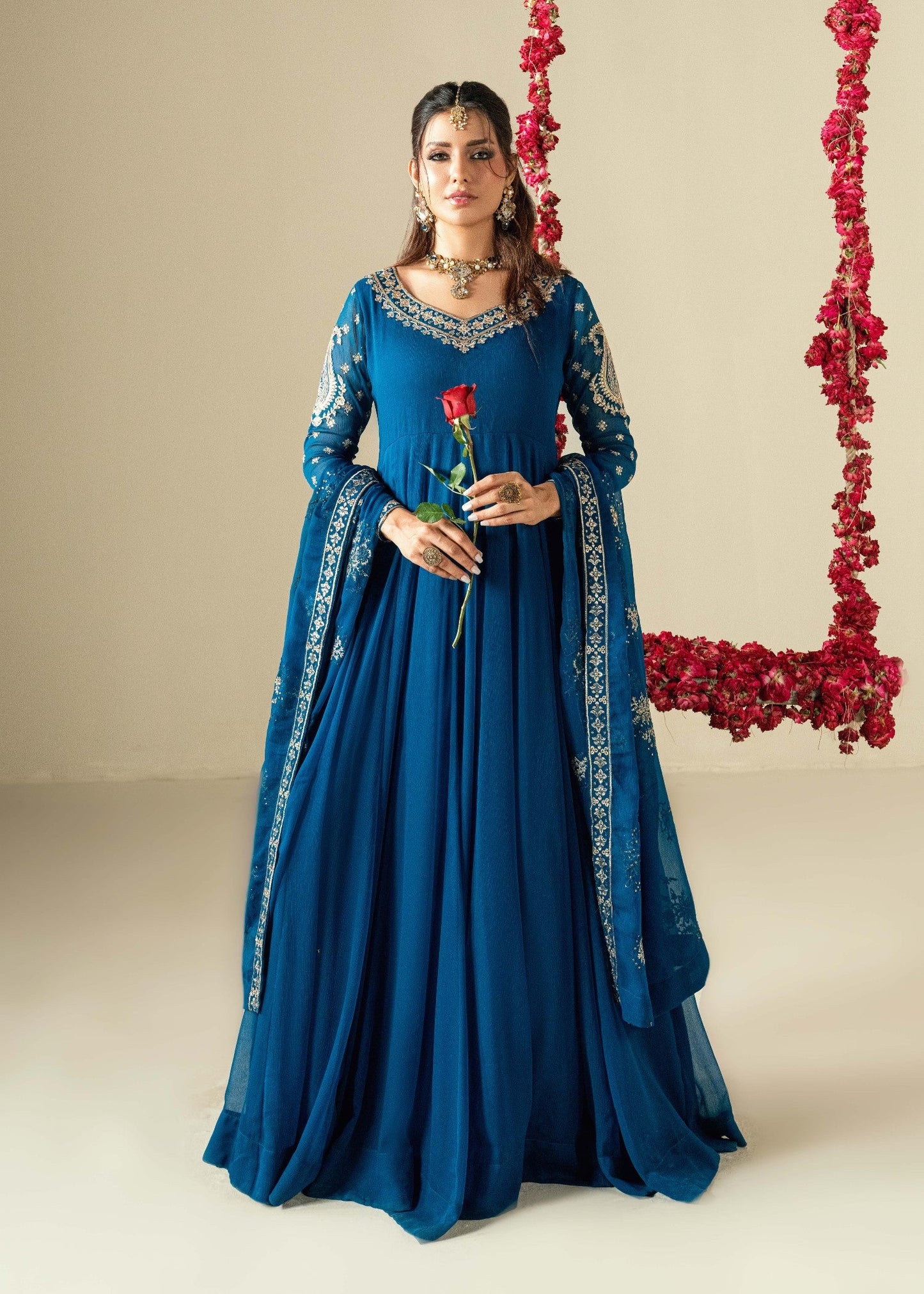 Pakistani Designer Sapphire Blue Chiffon Salwar Kameez Online in KSA Riyadh Saudi Arabia Oman Bahrain Qatar