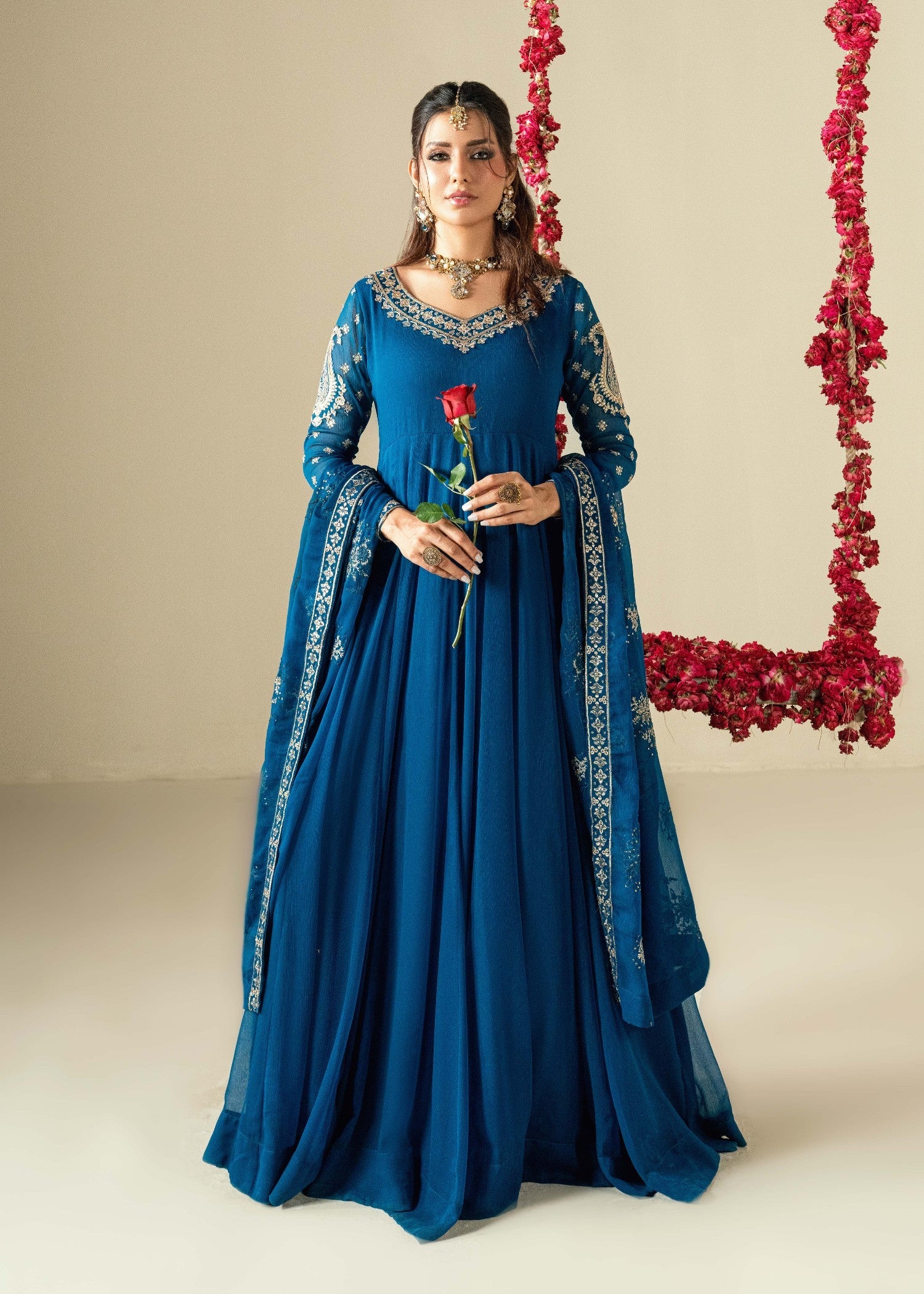 Pakistani Designer Sapphire Blue Chiffon Salwar Kameez Online in KSA Riyadh Saudi Arabia Oman Bahrain Qatar