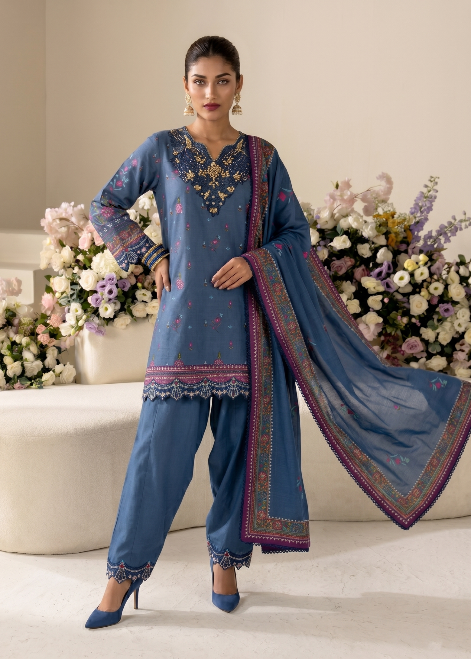 Pakistani Designer Sapphire Blue Embroidered Raw Silk Suit Online in KSA Riyadh Saudi Arabia Oman Bahrain Qatar