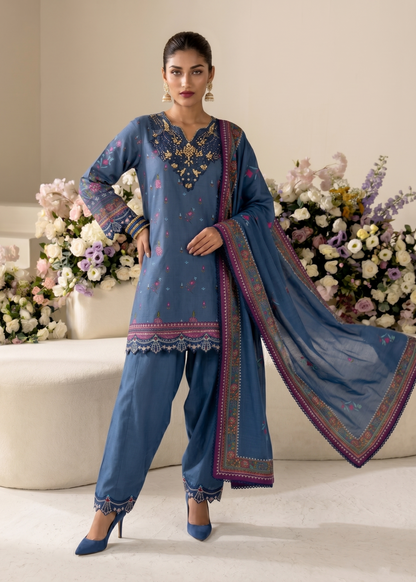 Pakistani Designer Sapphire Blue Embroidered Raw Silk Suit Online in KSA Riyadh Saudi Arabia Oman Bahrain Qatar