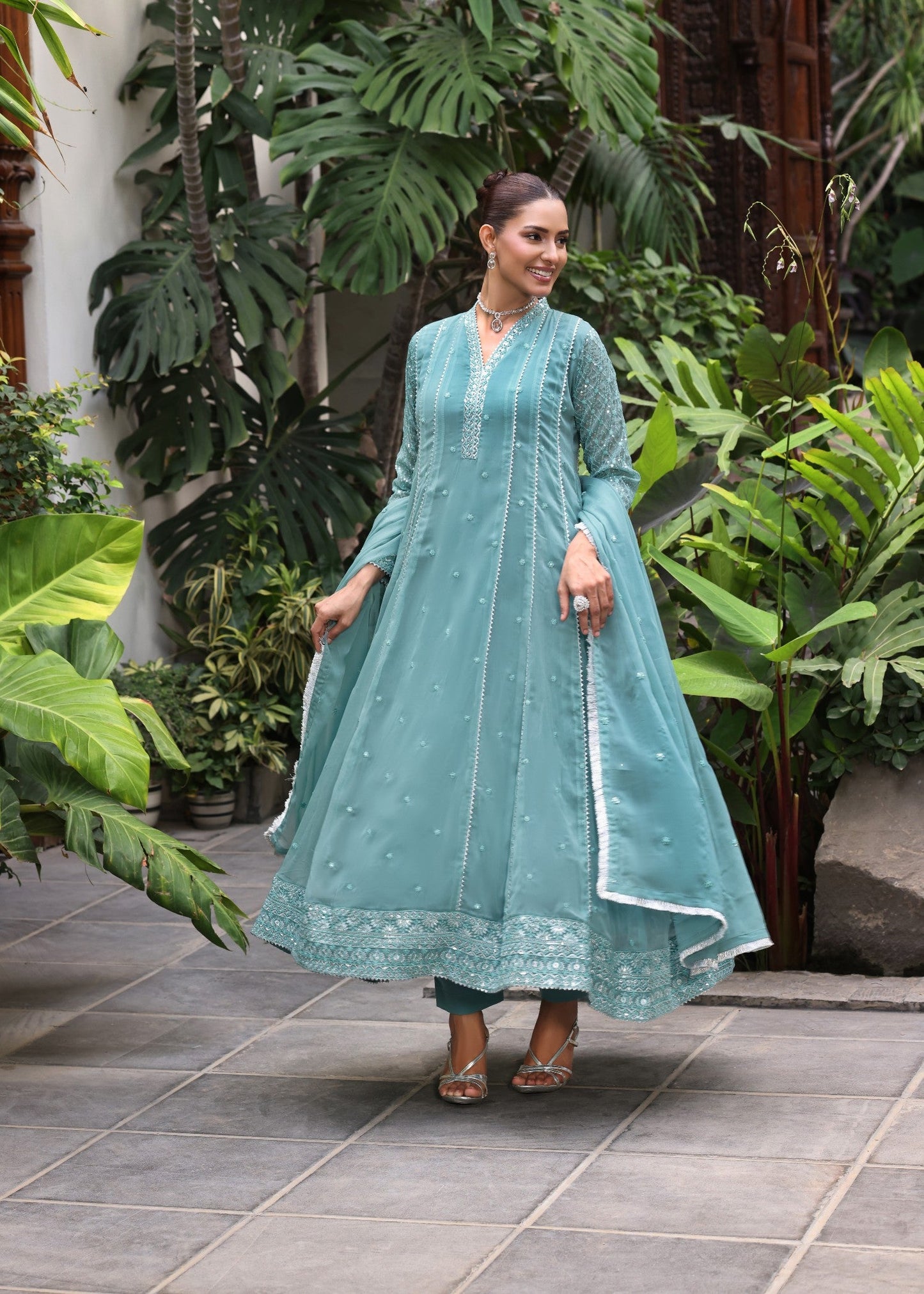 Pakistani Designer Sea Green Chiffon Salwar Kameez Online in KSA Riyadh Saudi Arabia Oman Bahrain Qatar