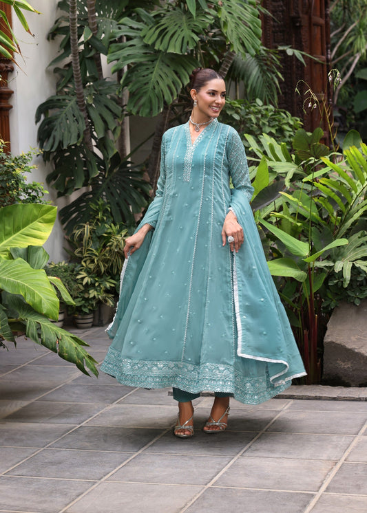 Pakistani Designer Sea Green Chiffon Salwar Kameez Online in KSA Riyadh Saudi Arabia Oman Bahrain Qatar