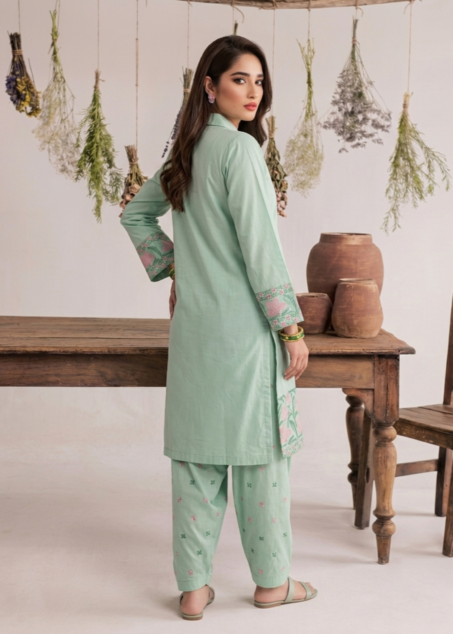 Pakistani Designer Sea Green Cotton Salwar Kameez Online in KSA Riyadh Saudi Arabia Oman Bahrain Qatar