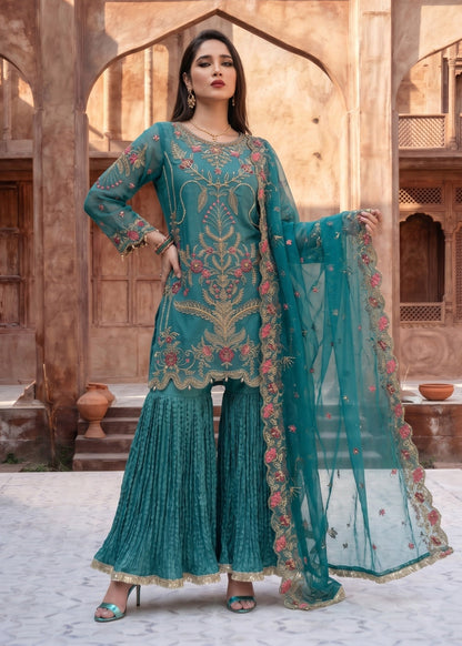Pakistani Designer Sea Green Gharara Salwar Kameez Online in KSA Riyadh Saudi Arabia Oman Bahrain Qatar