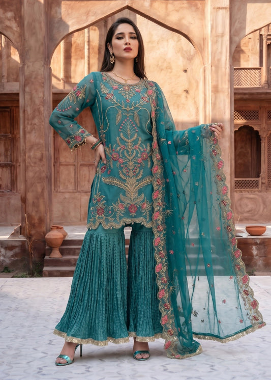 Pakistani Designer Sea Green Gharara Salwar Kameez Online in KSA Riyadh Saudi Arabia Oman Bahrain Qatar