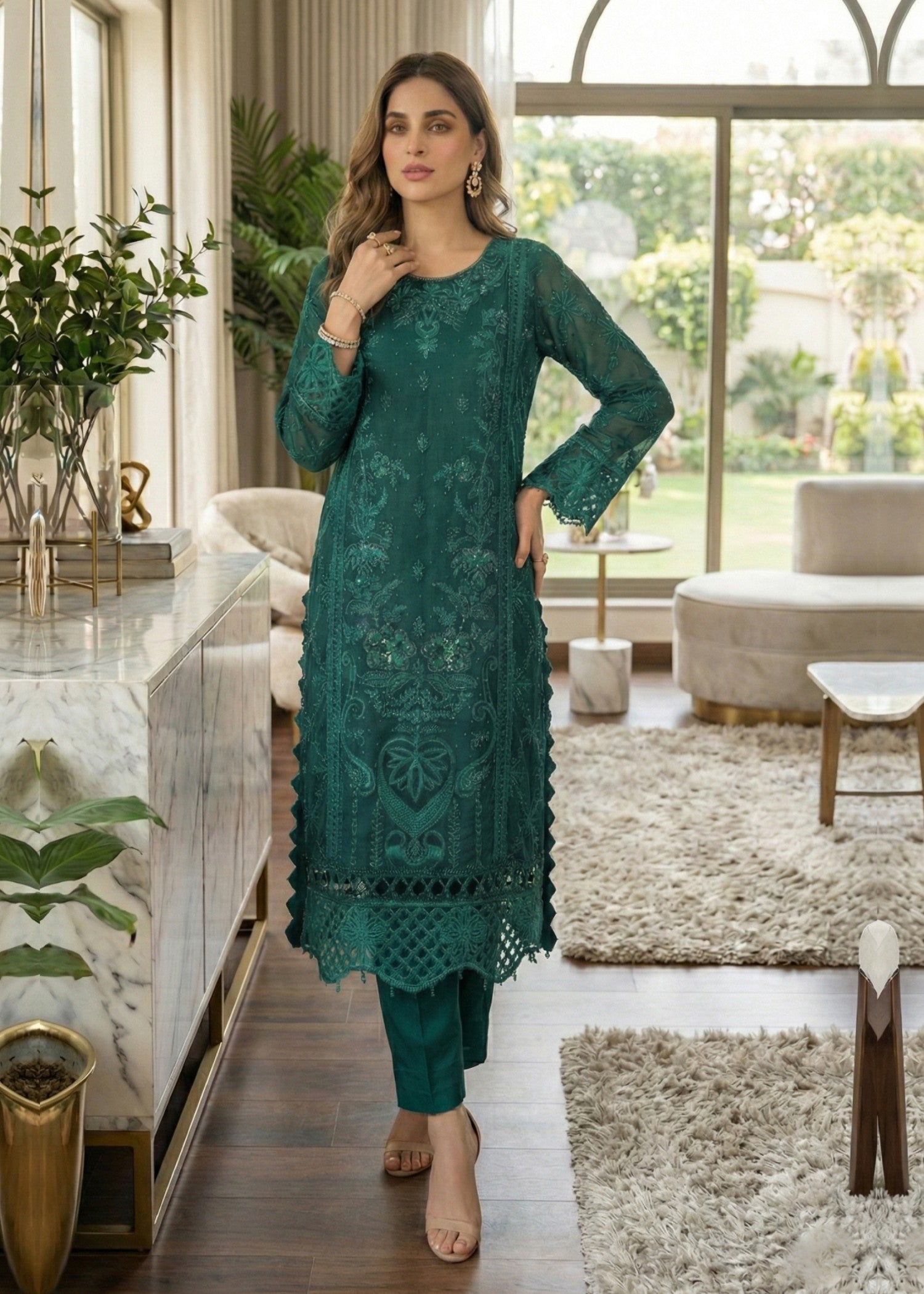 Pakistani Designer Sea Green Organza Salwar Kameez Online in KSA Riyadh Saudi Arabia Oman Bahrain Qatar